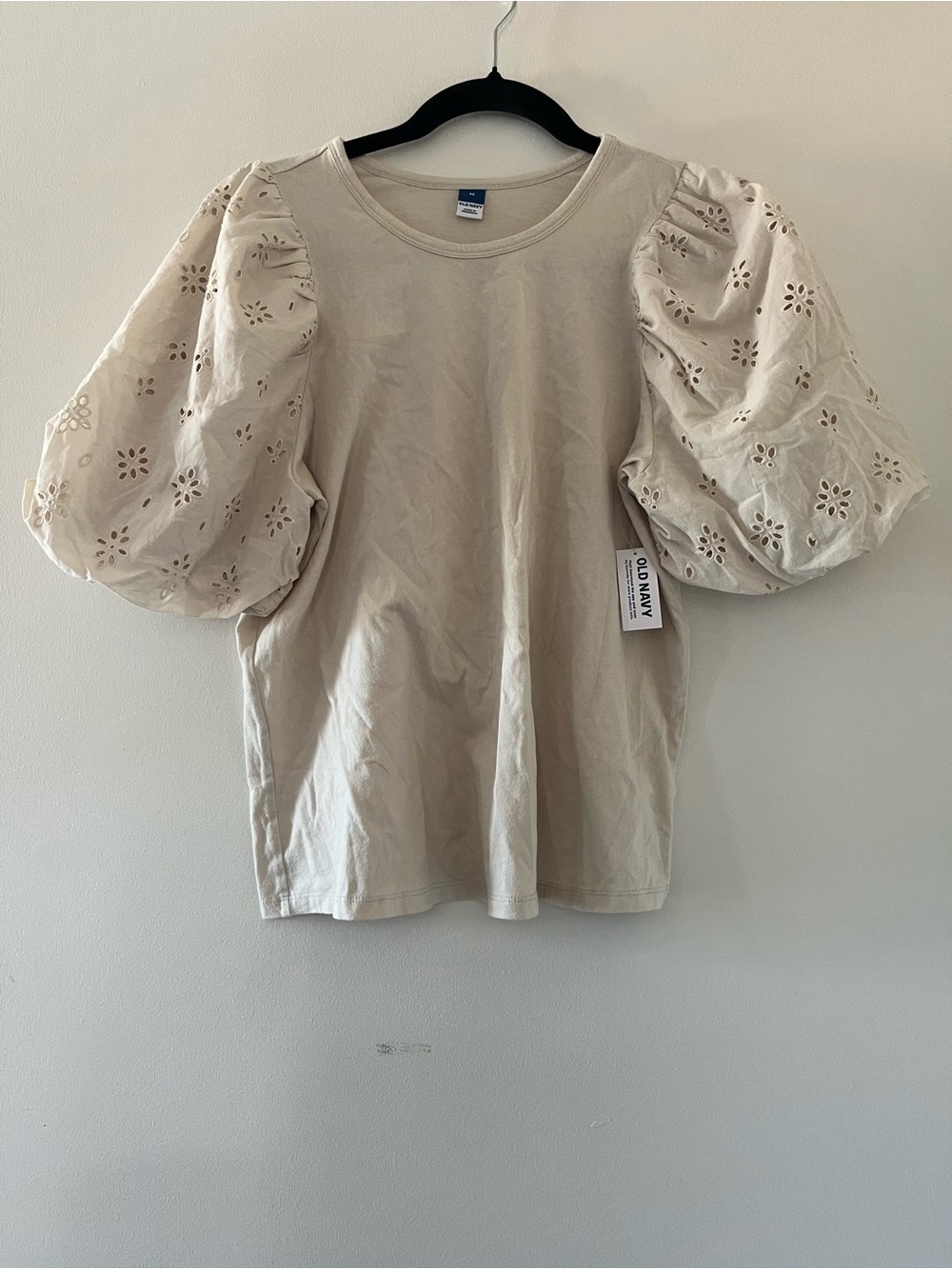 NWT Old Navy Puff Sleeve Top Medium Beige Eyelet Cottagecore Modest Romantic